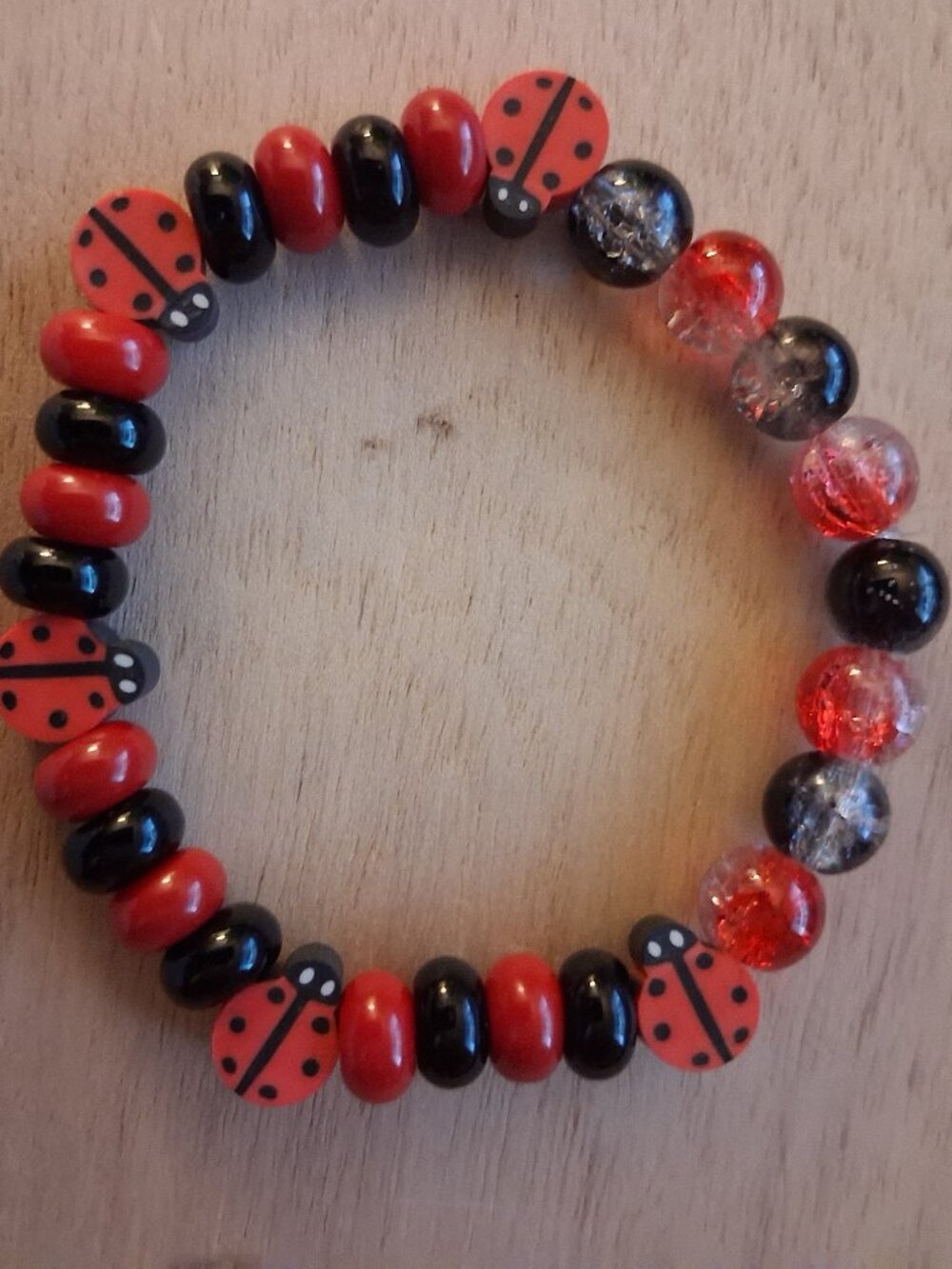 Handmade Ladybug Beaded Bracelet | Red Black Crackle Glass | Cute Bug Charm